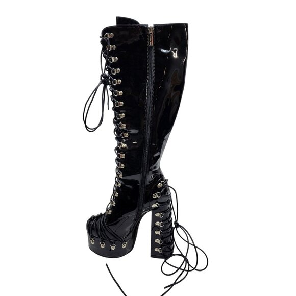 Frankie Hsu Shoes - Black Leather Knee-High Lace-Up Platform Boots 6 Frankie Hsu Gothic side Zipper